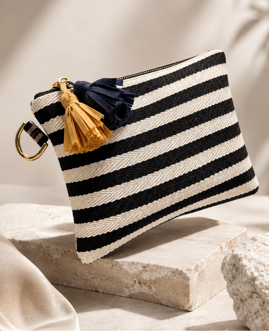 Bolsa Cosmética de Rayas con Borlas Estilo Coreano, Neceser de Viaje